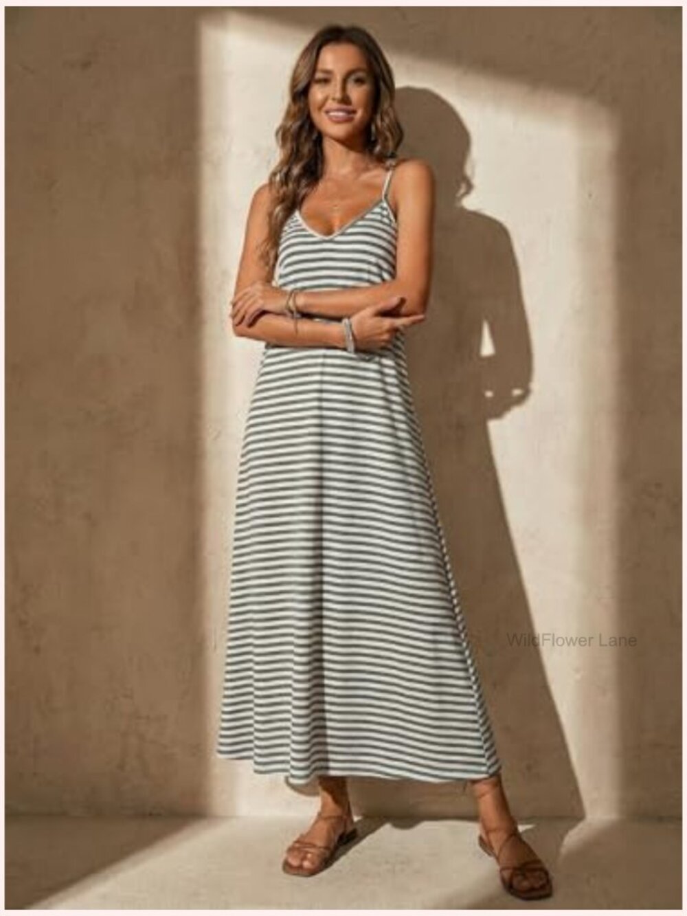Striped Maxi Dress Deep V Neck Spaghetti Strap Sleeveless Casual View 4